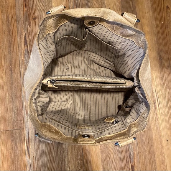 Frye Tan Shoulder Bag with Metallic Hardware and Stitched Panels - Picture 7 of 13